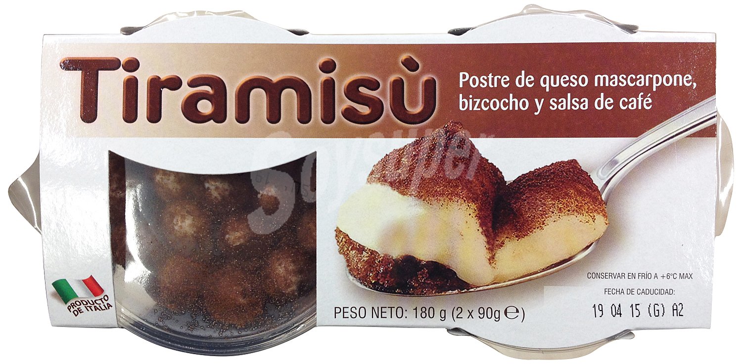 Postre lacteo tiramisu (queso mascarpone, bizcocho y salsa de cafe)