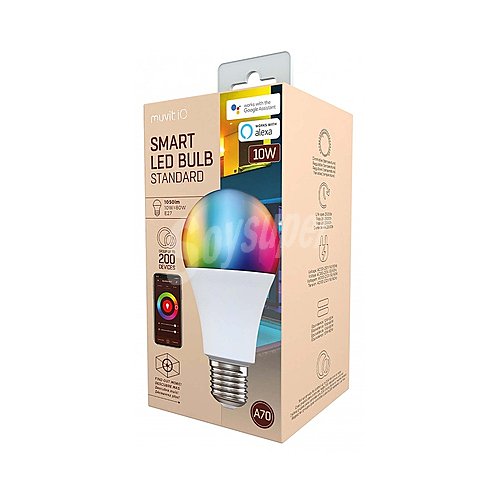 Bombilla Led inteligente E27, wifi, 10W=80W, blanco + RGB multicolor, 1050lm, muvit iO