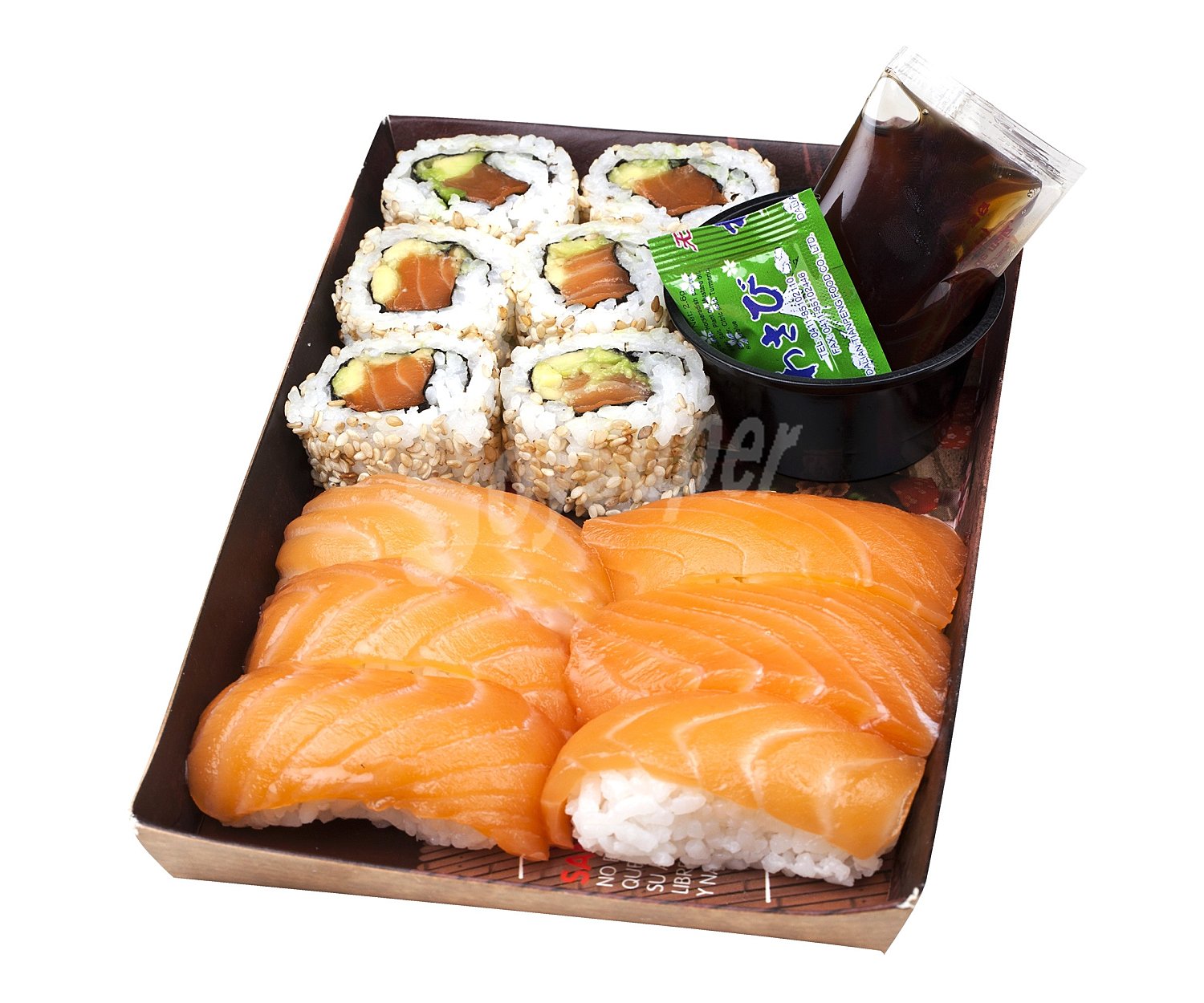 Bandeja de sushi fresco compuesta por 6 nigiris de salmón fresco y 6 futomakis de salmón, aguacate y sésamo