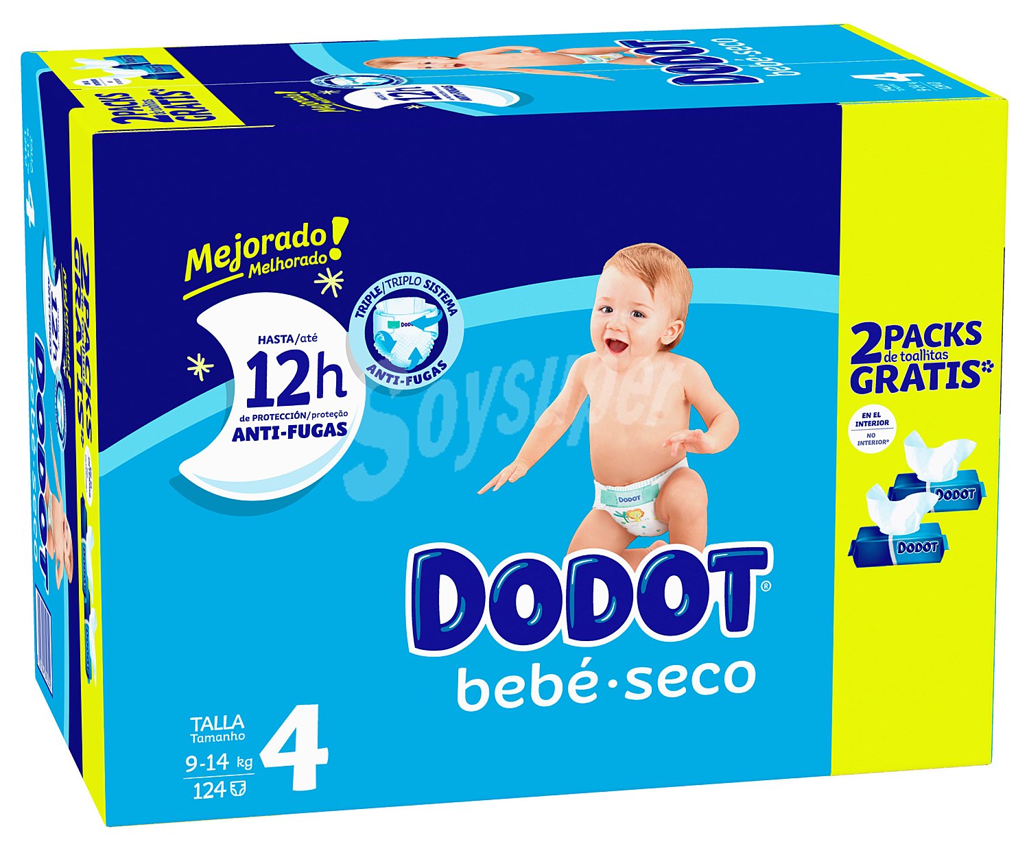 Pañales talla 4, para niños de 9 a 14 kilogramos + 2 paquetes de toallitas humedas Bebé-Seco