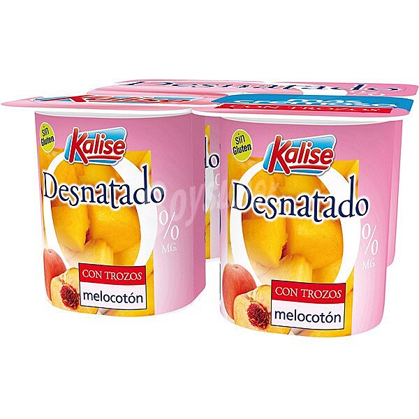 Kalise Yogur desnatado 0% materia grasa, sin gluten y con trozos de melocotón kalise