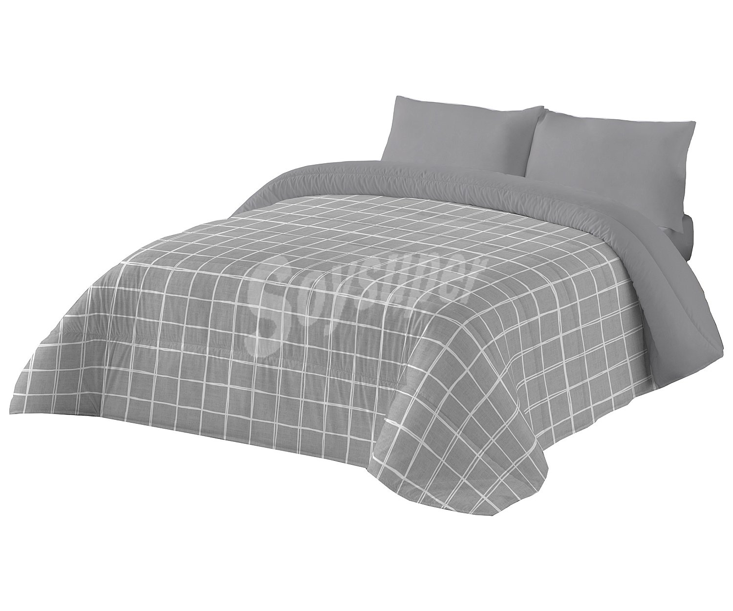 Edredón reversible estampado cuadros - liso gris para cama doble, 240x260cm. 300g/m² naturals.