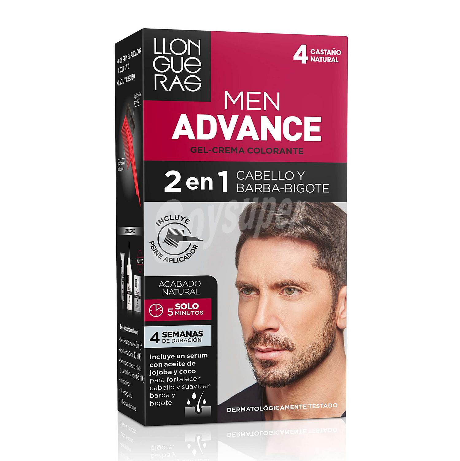 Tinte de cabello hombre 2 en 1 cabello, barba y bigote tono 4 castaño natural Llongueras Men Advance