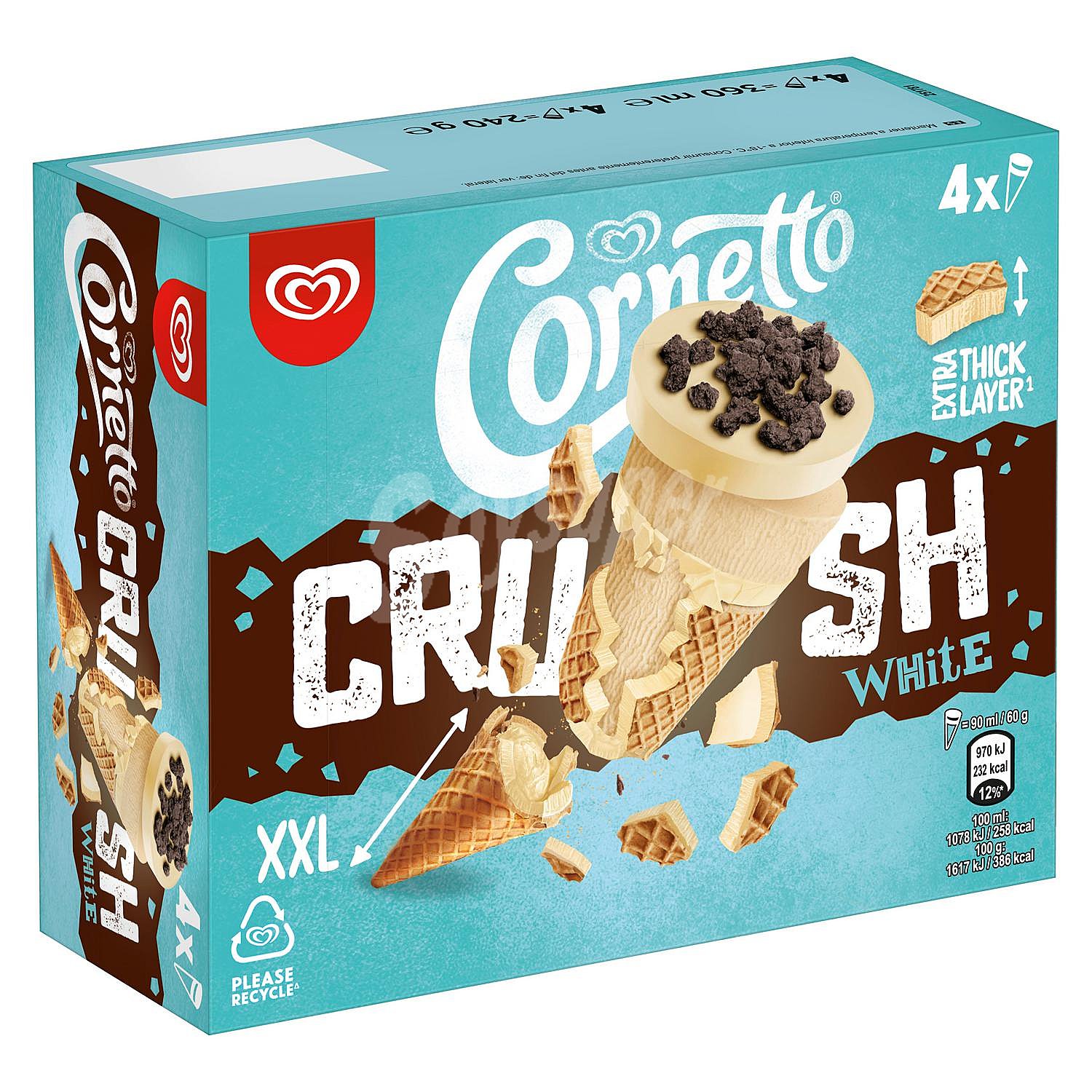 Crush White cono de helado chocolate blanco y cookies con relleno interior 4 unidades