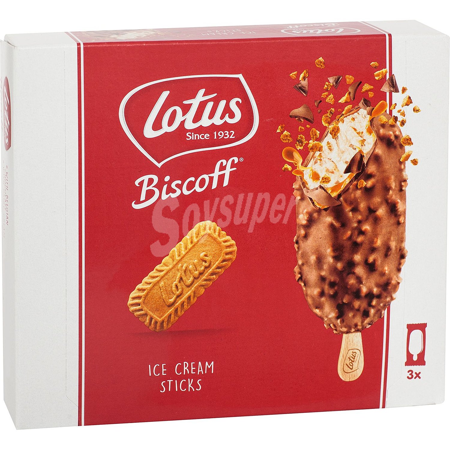 Bombón helado de galleta caramelizada con crema de untar Lotus, trocitos de galleta y bañado en chocolate con leche lotus Biscoff