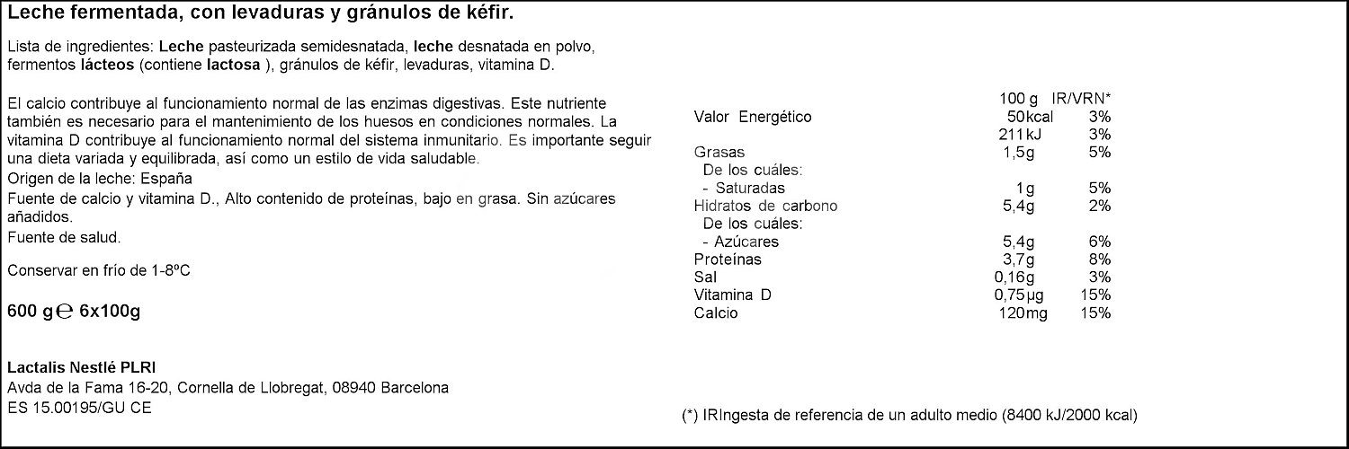 Kefir líquido natural, elaborado con fermentos lácteos y levaduras de kéfir