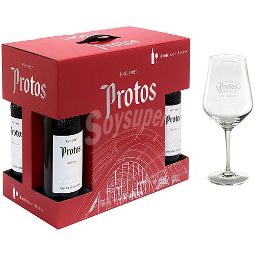 Protos de vino tinto crianza con D.O. Ribera del Duero + 4 copas protos