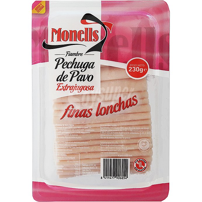 Monells Fiambre de pechuga de pavo, extrajugosa y cortada en finas lonchas monells