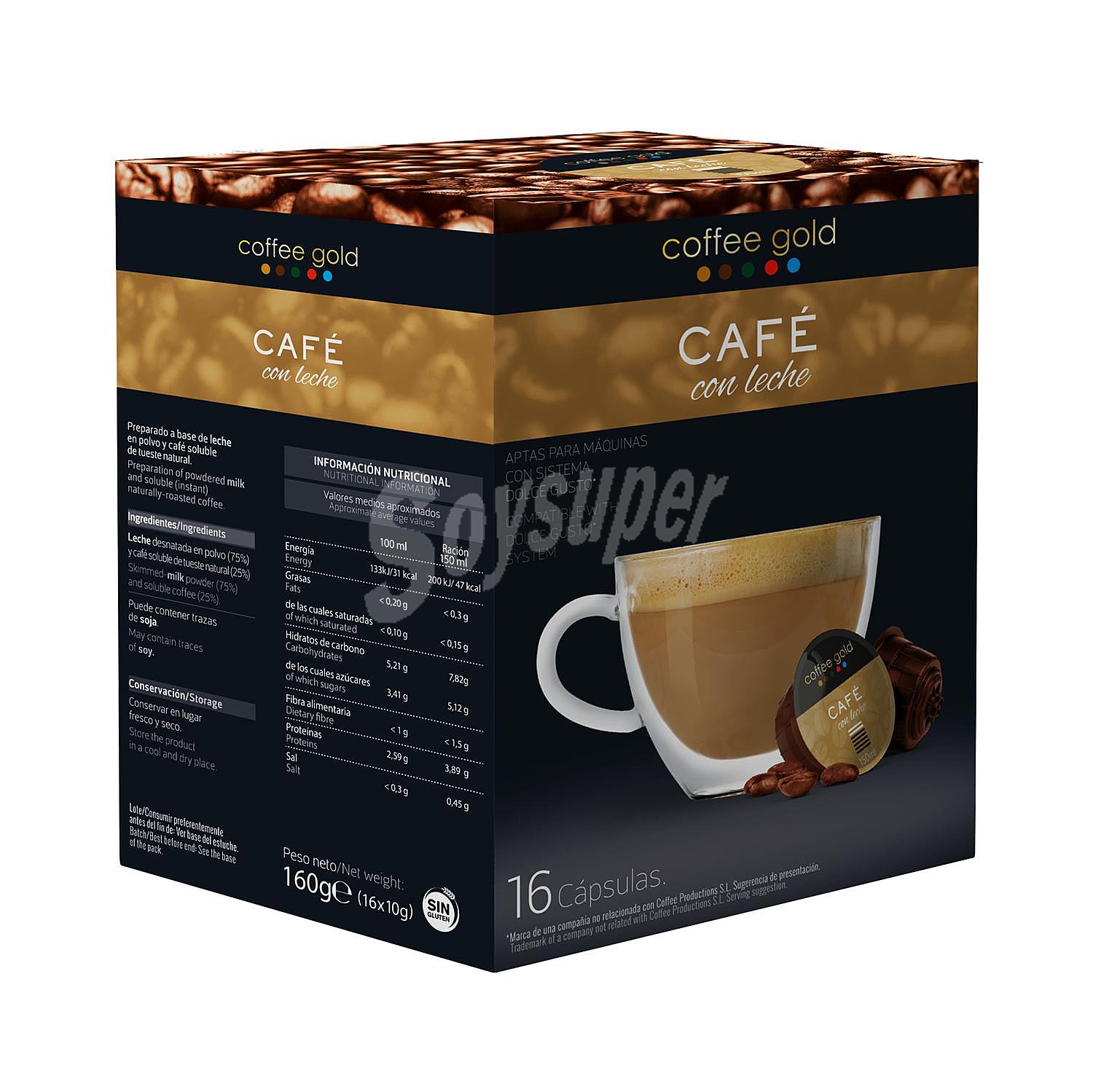 Café con leche en cápsulas Coffee Gold sin gluten