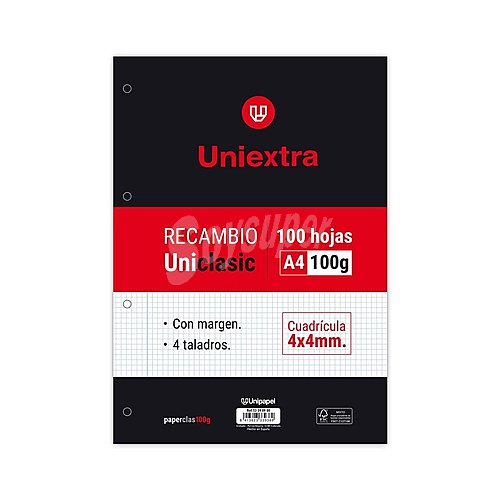 Recambio de 100 hojas tamaño A4, 4 taladros, , rayado cuadrícula 4x4 con margen, unipapel