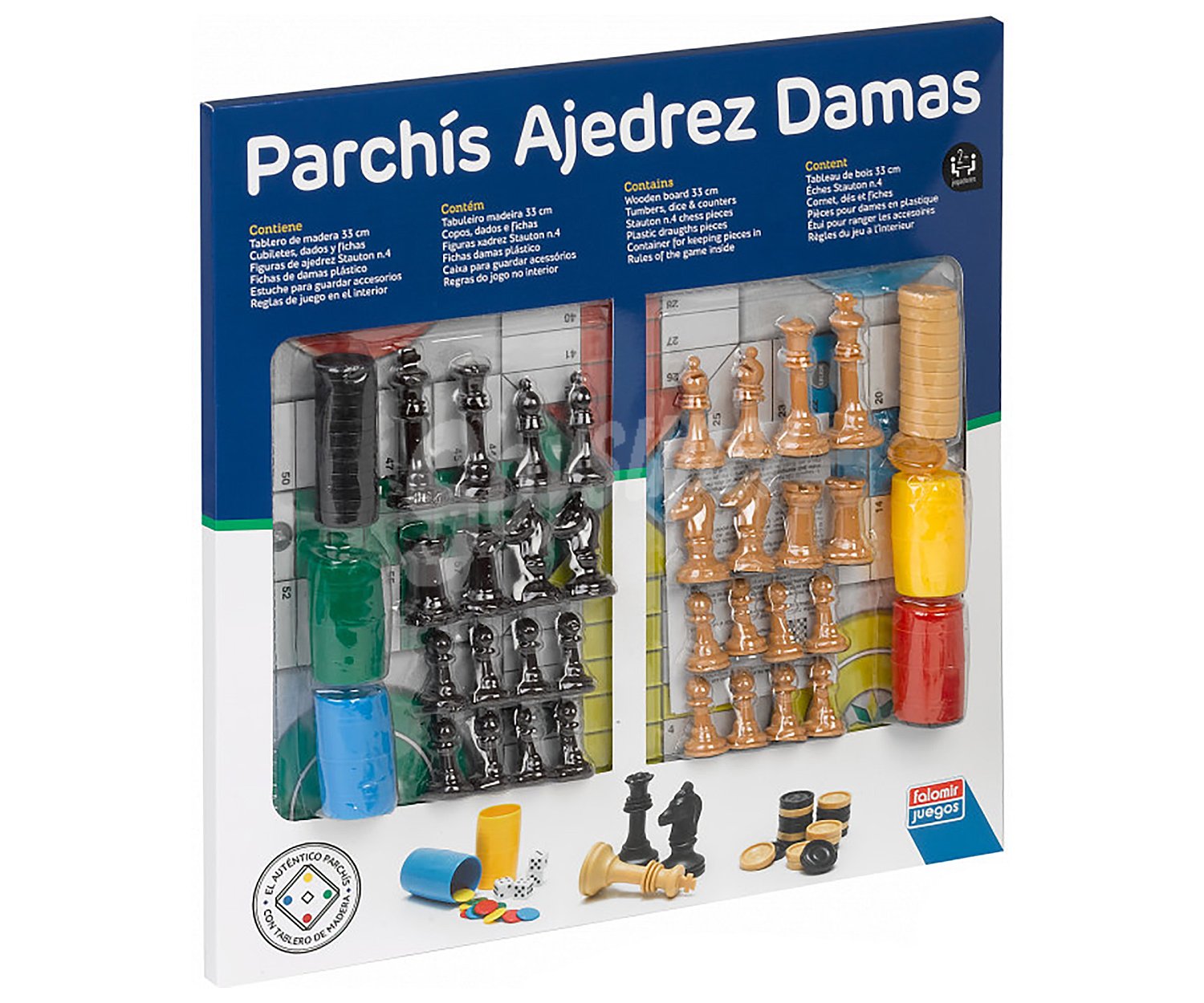 Pack con parchís, ajedrez y damas, tablero de 33cm, desde 2 jugadores,