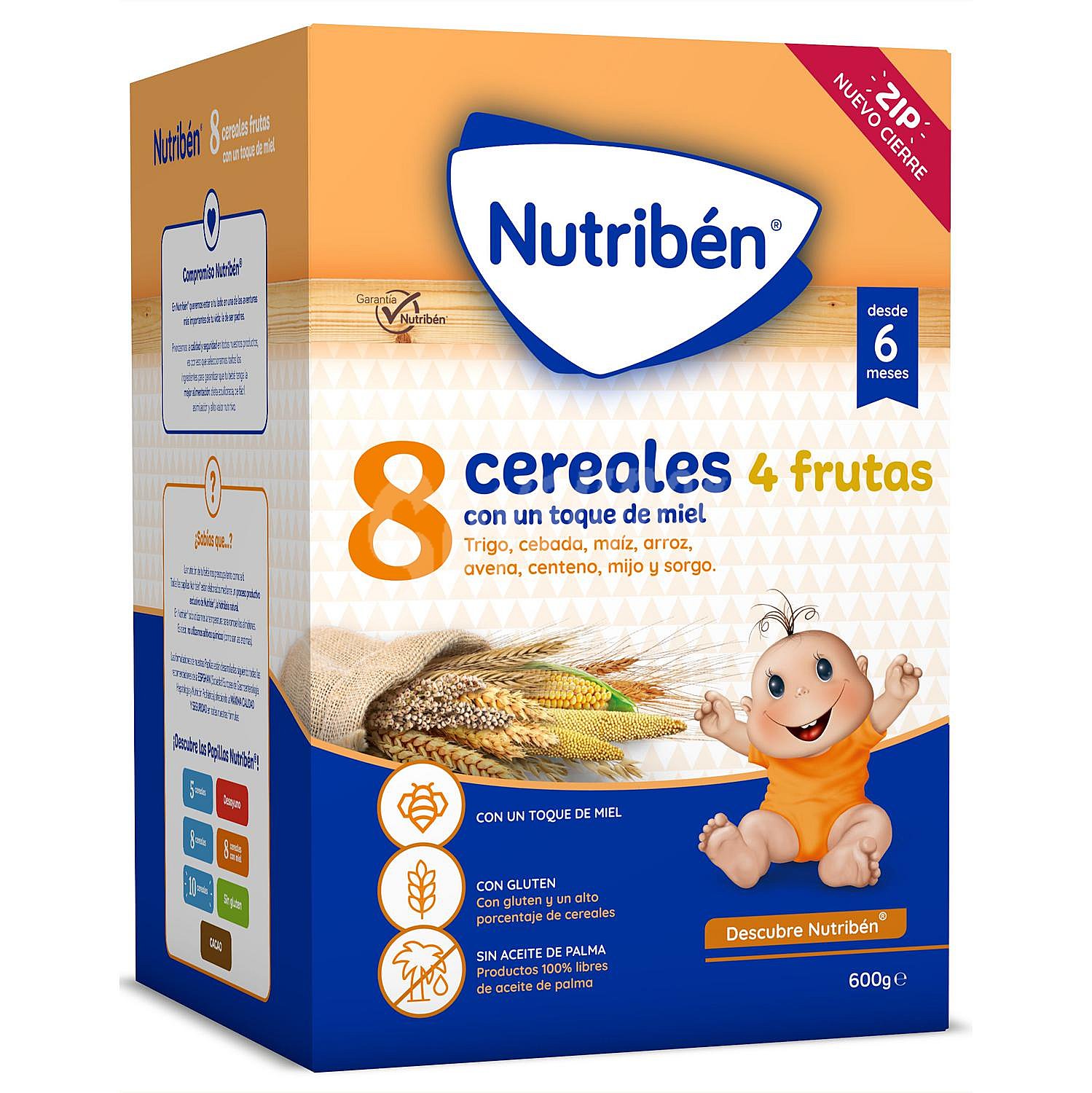 Papilla infantil desde 6 meses 8 cereales con toque de miel 4 frutas Nutribén sin aceite de palma