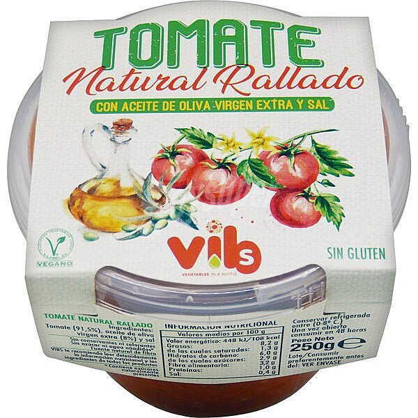 Tomate natural rallado con aceite de oliva virgen extra y sal sin gluten