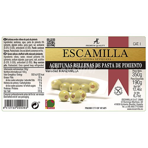 Escamilla Aceitunas Manzanilla rellenas pasta pimiento escamilla