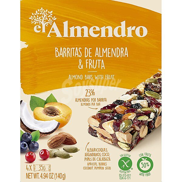 Barritas de almendra y fruta sin gluten