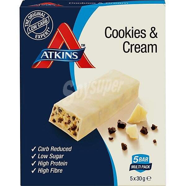 barritas de cookies y crema bajas en carbohidratos 5 unidades x 30g envase 150 g