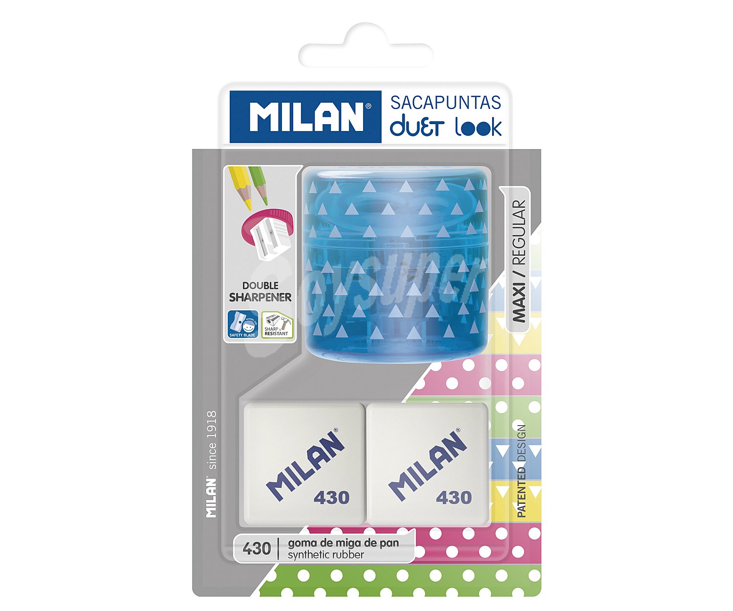 Blister 1 sacapuntas duet Look azul + 2 gomas 430. milan