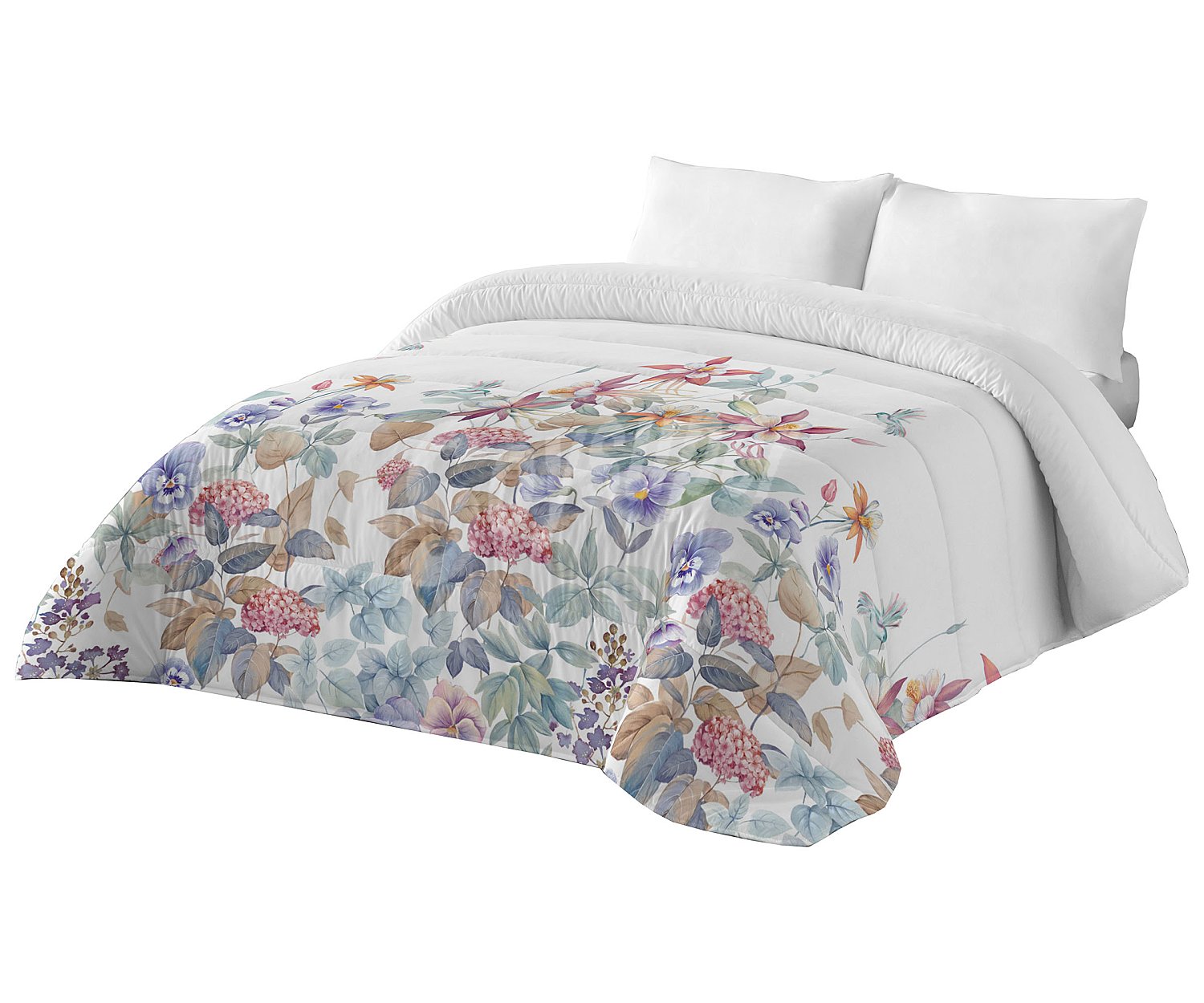 Edredón reversible floral - blanco para cama individual, 180x260cm. 300g/m² naturals.