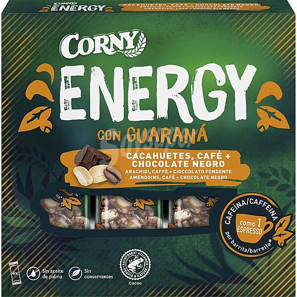 Energy barritas con cacahuetes, café y chocolate negro con guaraná sin aceite de palma