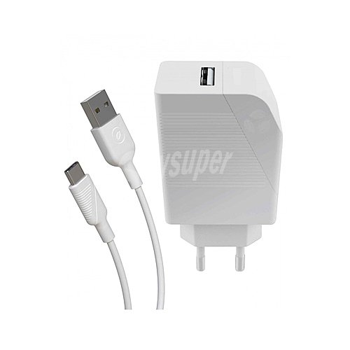 Cargador USB + cable USB a tipo-c muvit, 2.4A, longitud 1,2m