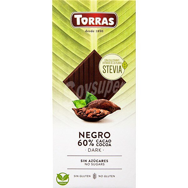 Chocolate negro 60% con edulcorante natural extraido de Stevia