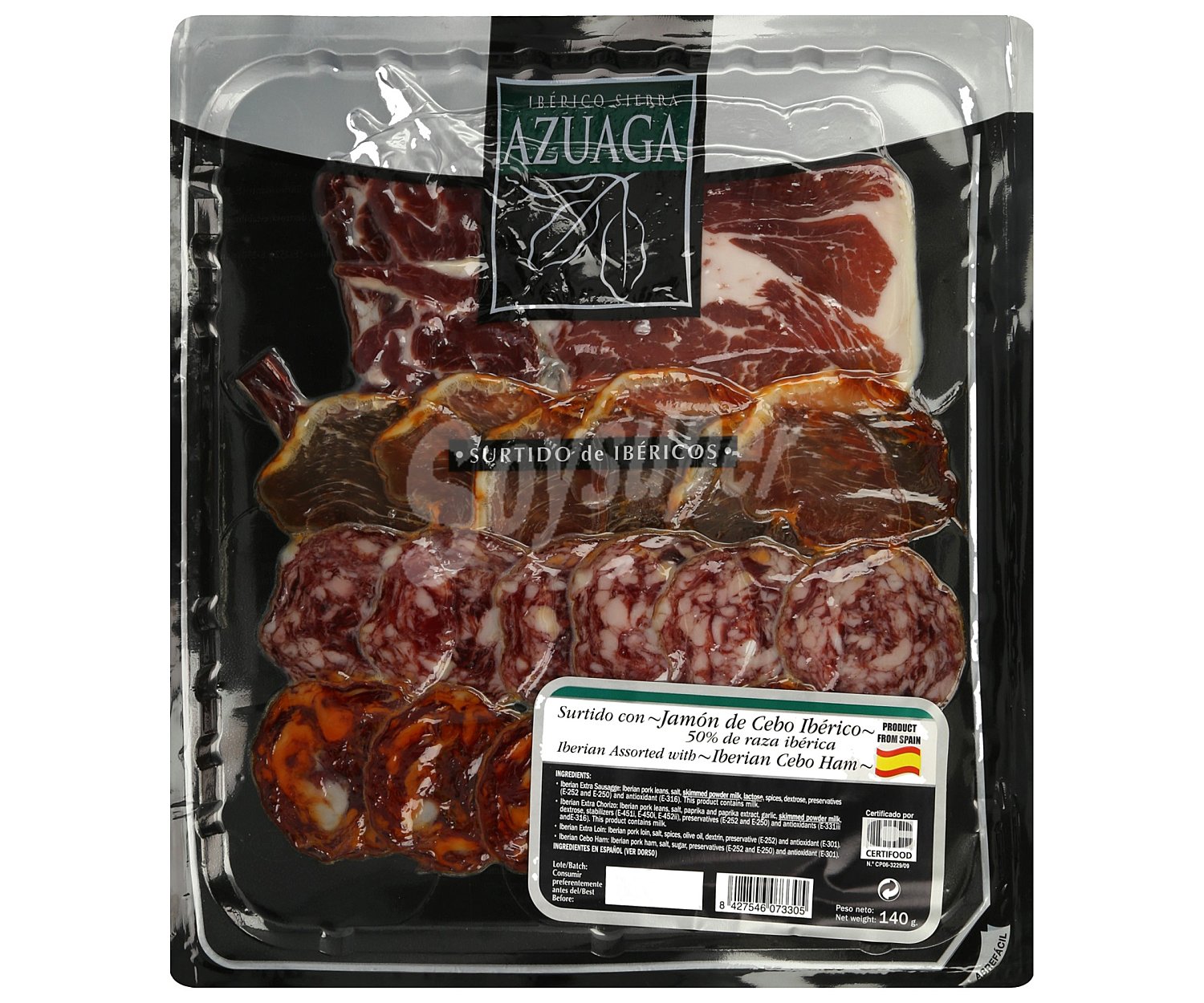 Surtido ibérico compuesto por lomo, chorizo salchichón y jamón ibéricos de cebo (50% raza ibérica) azuaga