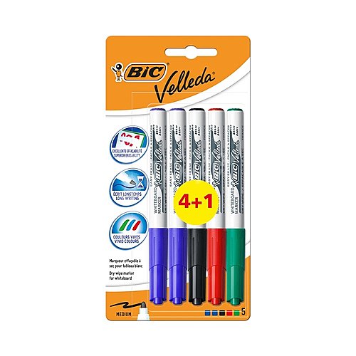 5 rotuladores para pizarra blanca, punta media, varios colores BIC Velleda