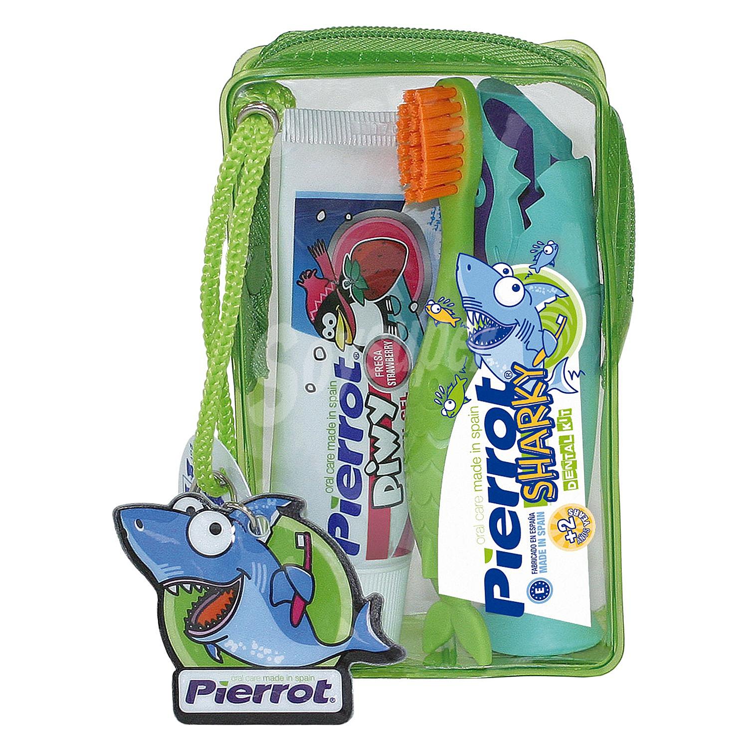 Kit dental infantil viaje Pierrot: cepillo de dientes, capuchón tiburón y crema dental fresa