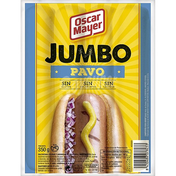 Jumbo salchichas cocidas y ahumadas de pavo y pollo sin gluten