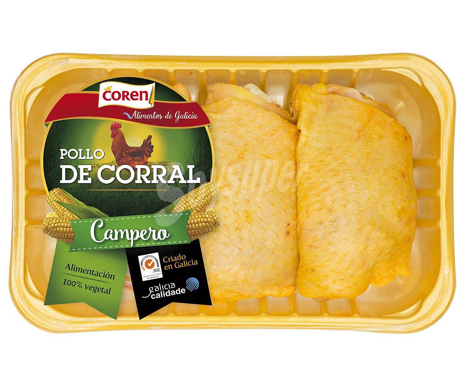 Bandeja de contramuslos, limpios y con piel de pollo de corral (campero)