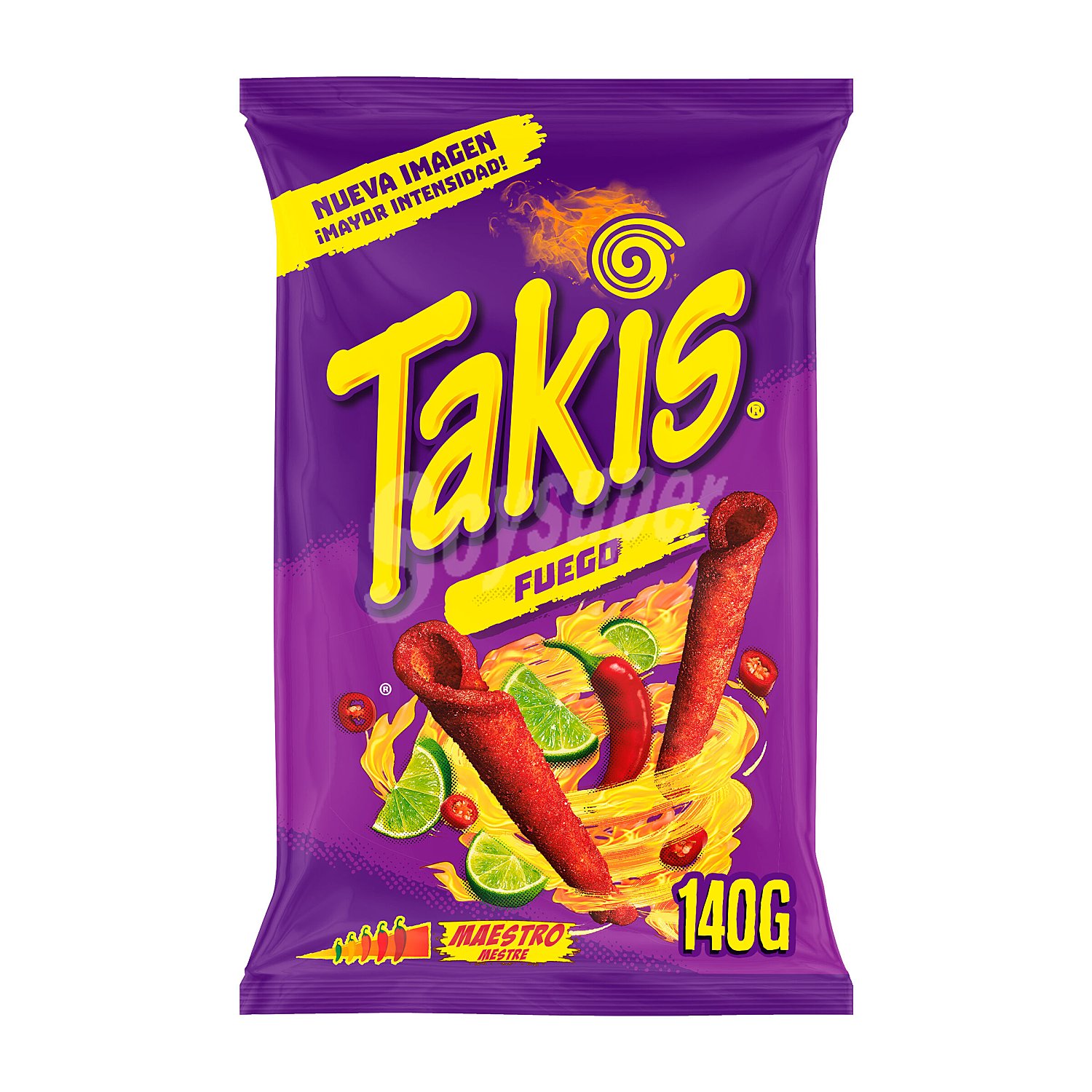 Rollitos de maíz crujientes sabor lima picante, takis Hot