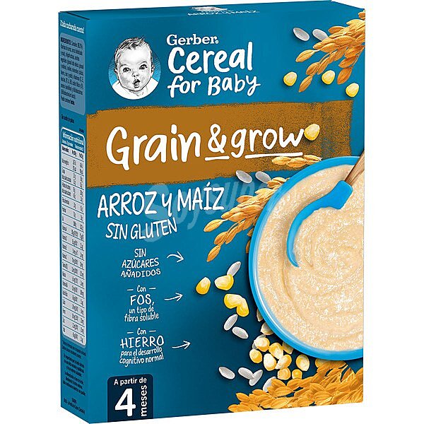 Grain & grow papilla de arroz y maíz sin azúcares añadidos y sin gluten caja 250 g a partir de 4 meses