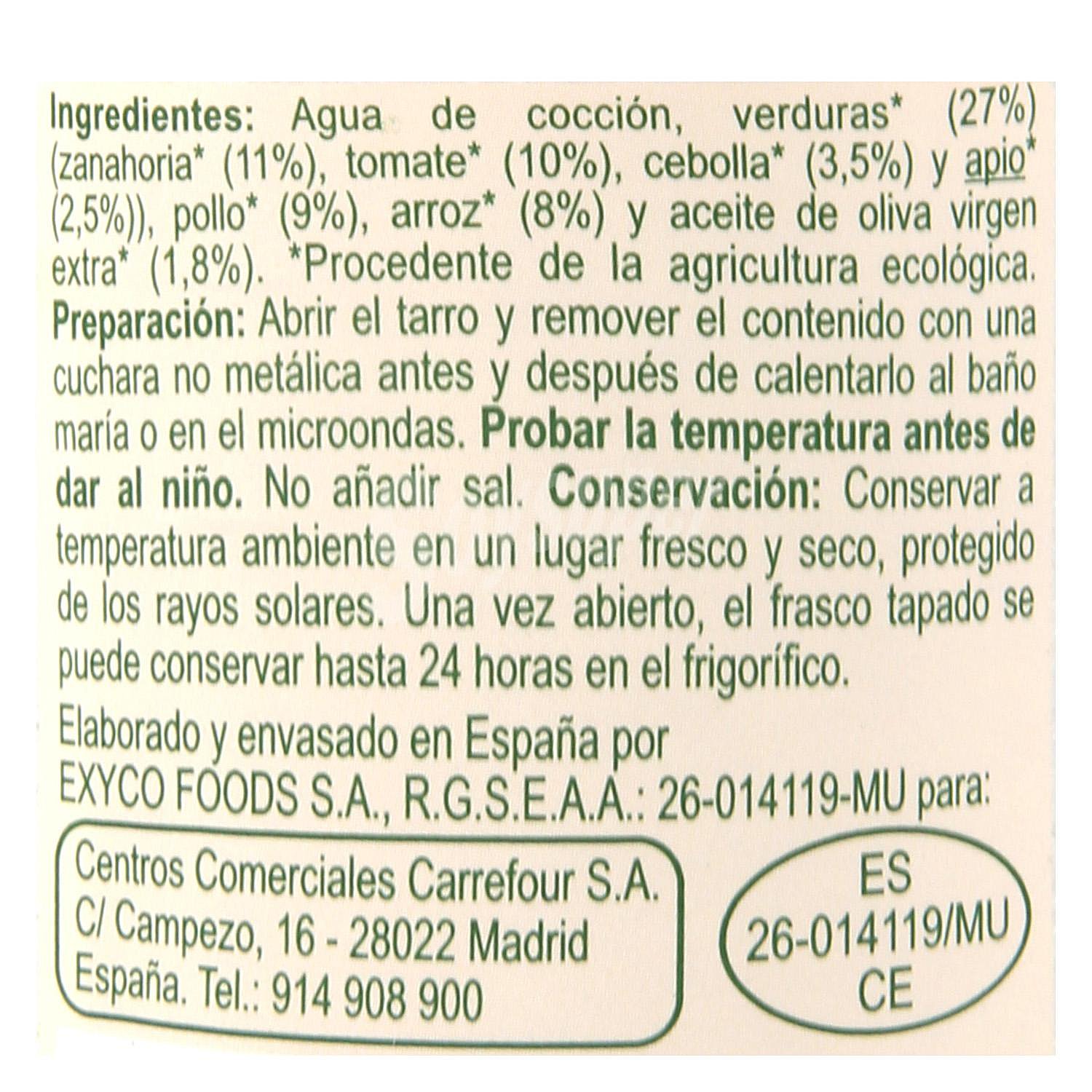 Tarrito de arroz con pollo y verduritas desde 6 meses ecológico Carrefour Baby Bio