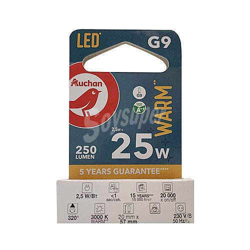 Bombilla Led G9, 2,5W=25W, luz cálida, producto alcampo