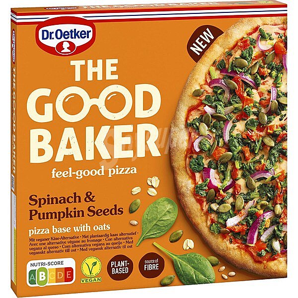 Pizza con base con copos de avena con abundante topping de verduras THE good baker