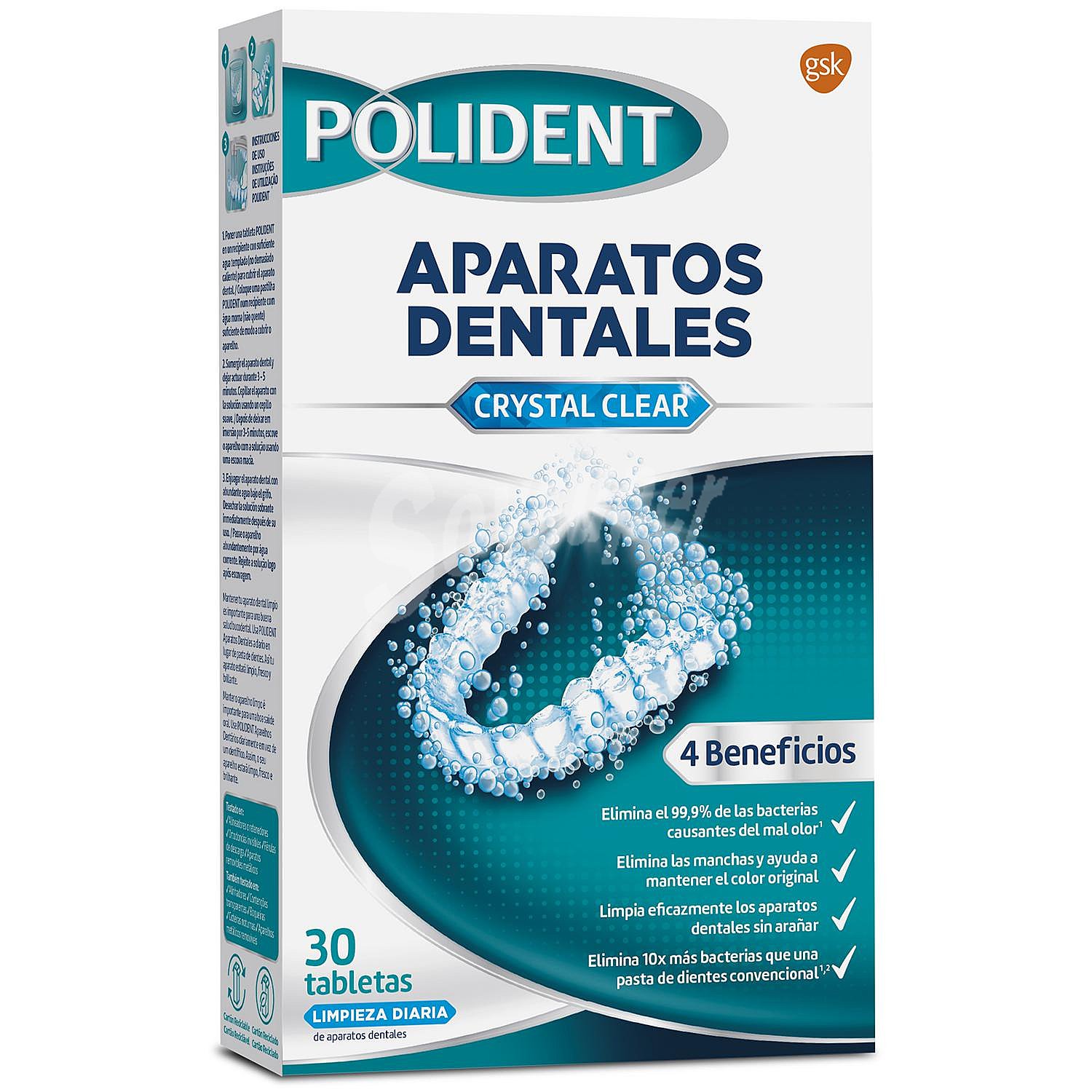 Tabletas para aparatos dentales acción limpieza diaria Crystal Clear Polident