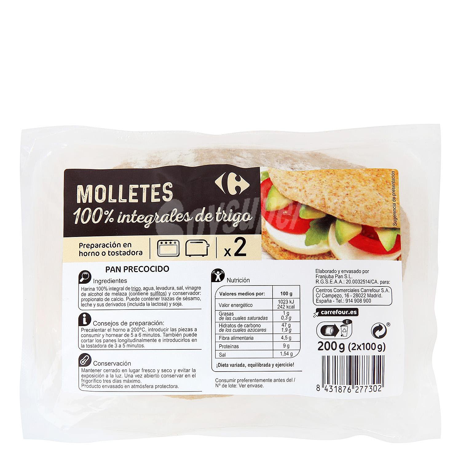 Molletes de pan integral para hornear o tostar Carrefour