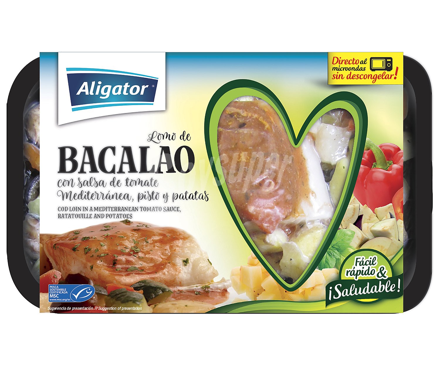 Lomo de bacalao con salsa de tomate mediterránea, pisto y patatas