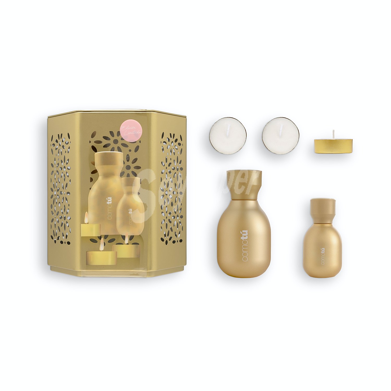 Lote mujer oro eau toilette (vaporizador 100 ml) + eau toilette (vaporizador mini 30 ml) + farol porta velas + 3 velas