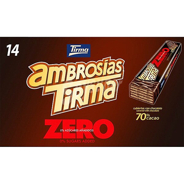 Ambrosias Zero galletas de barquillo recubiertas de chocolate con 70% cacao 0% azúcares añadidos