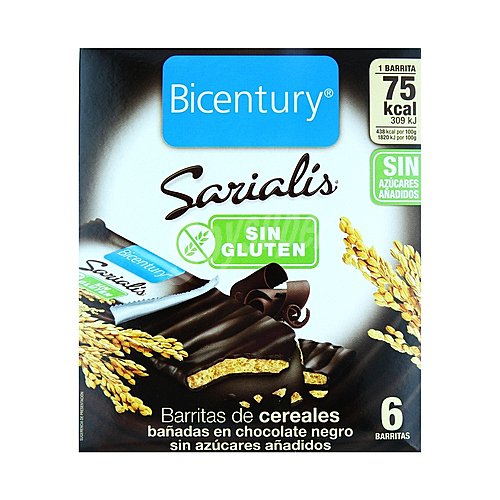 Bicentury Barritas de cereales bañadas en chocolate negro. Sin gluten sarialís de biocentury