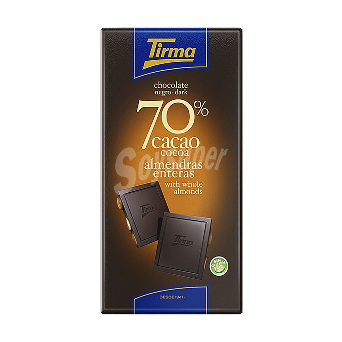 Tableta de chocolate negro 70% cacao con almendras enteras, sin gluten