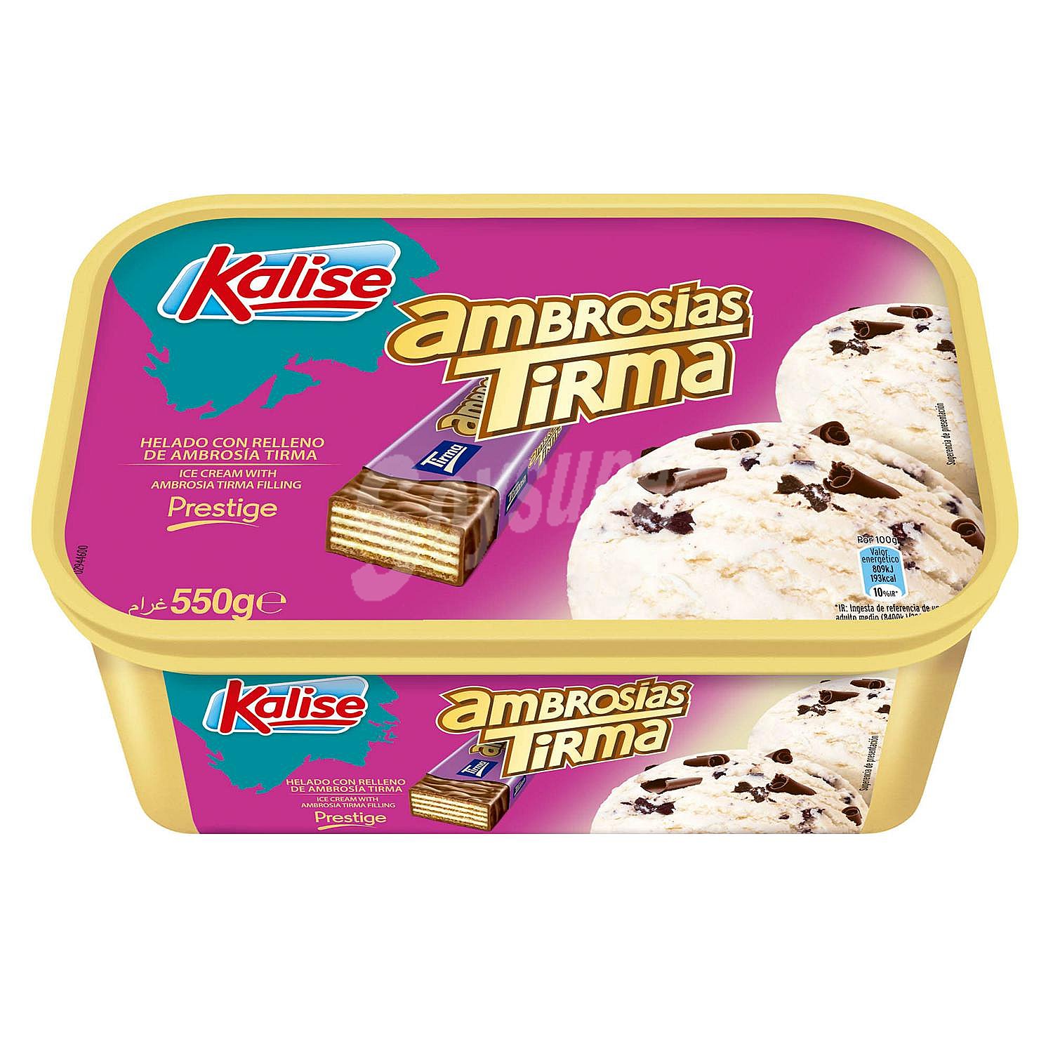 Tarrina de helado con relleno de ambrosía Tirma y rizos de chocolate con leche