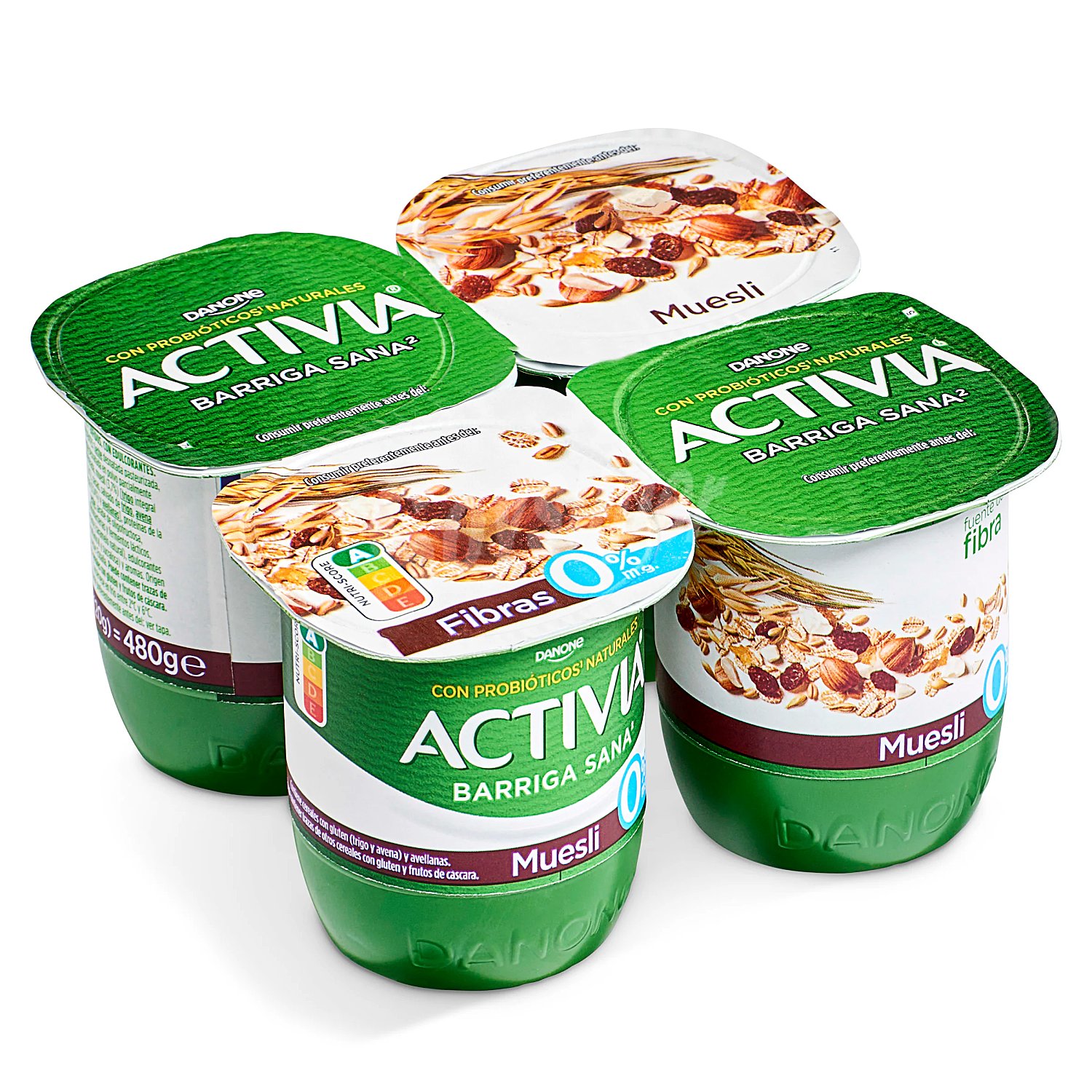 Bífidus desnatado (0% materia grasa) y muesli (pasas, nueces, almendras y avellana) activia de Danone