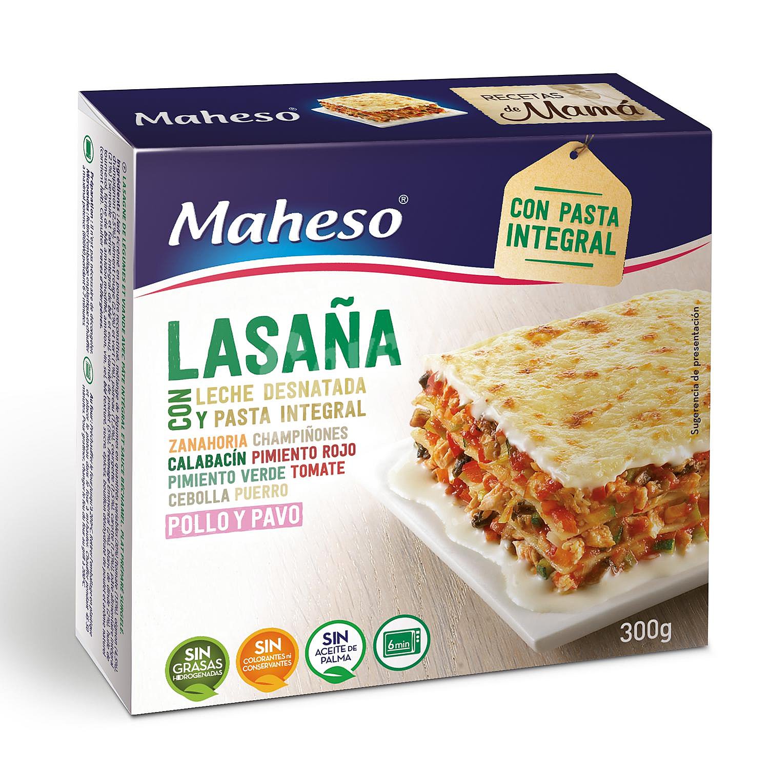 Lasaña de pasta integral con pavo, pollo y verduras Maheso sin aceite de palma