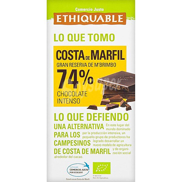 Chocolate negro 72% cacao de Costa de Marfil ecológico y de comercio justo 