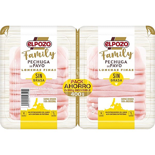 Family pechuga de pavo sin grasa en lonchas finas sin gluten sin lactosa pack 2 x 200 G