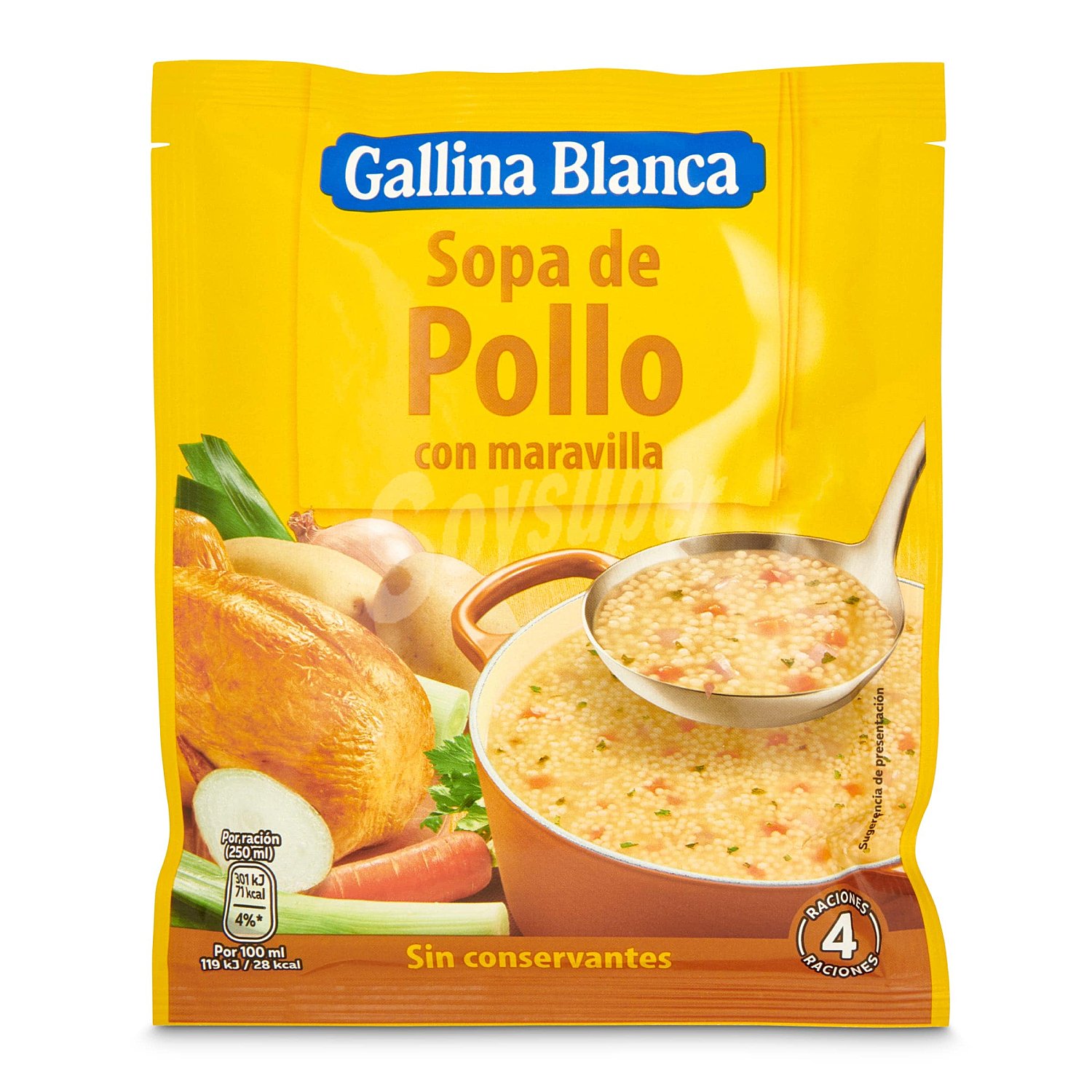 Sopa de pollo con maravilla gallina blanca