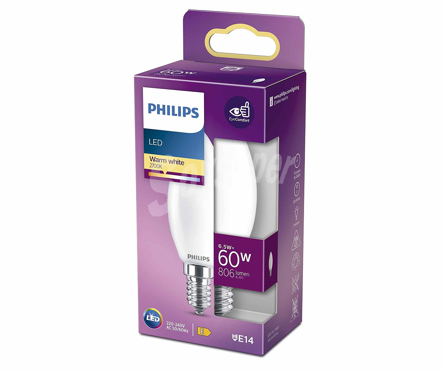 Bombilla Led E14, 6,5W=60W, luz cálida , 806lm, philips