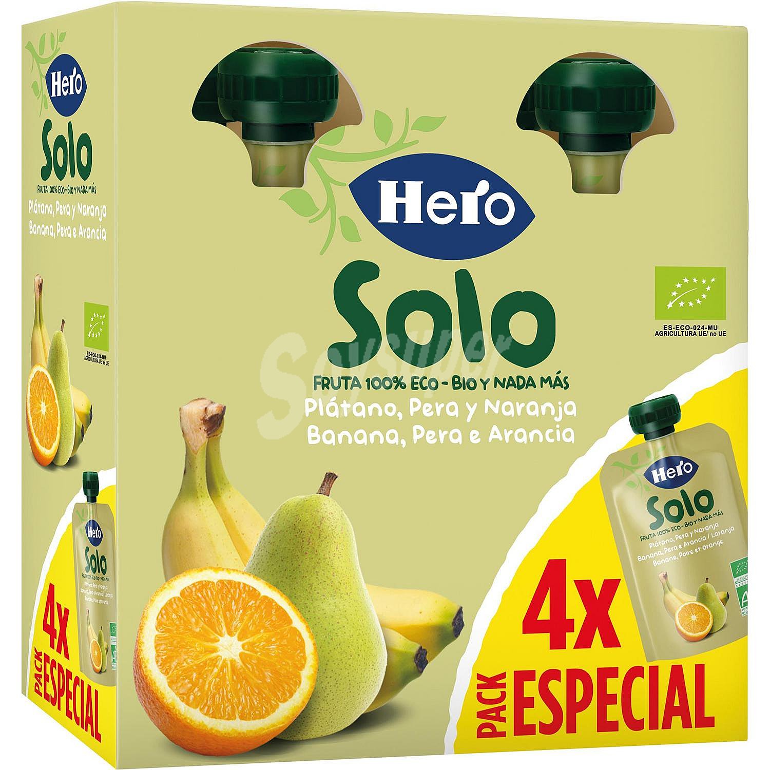 Bolsita de plátano, pera y naranja ecológica Hero Solo pack sin gluten